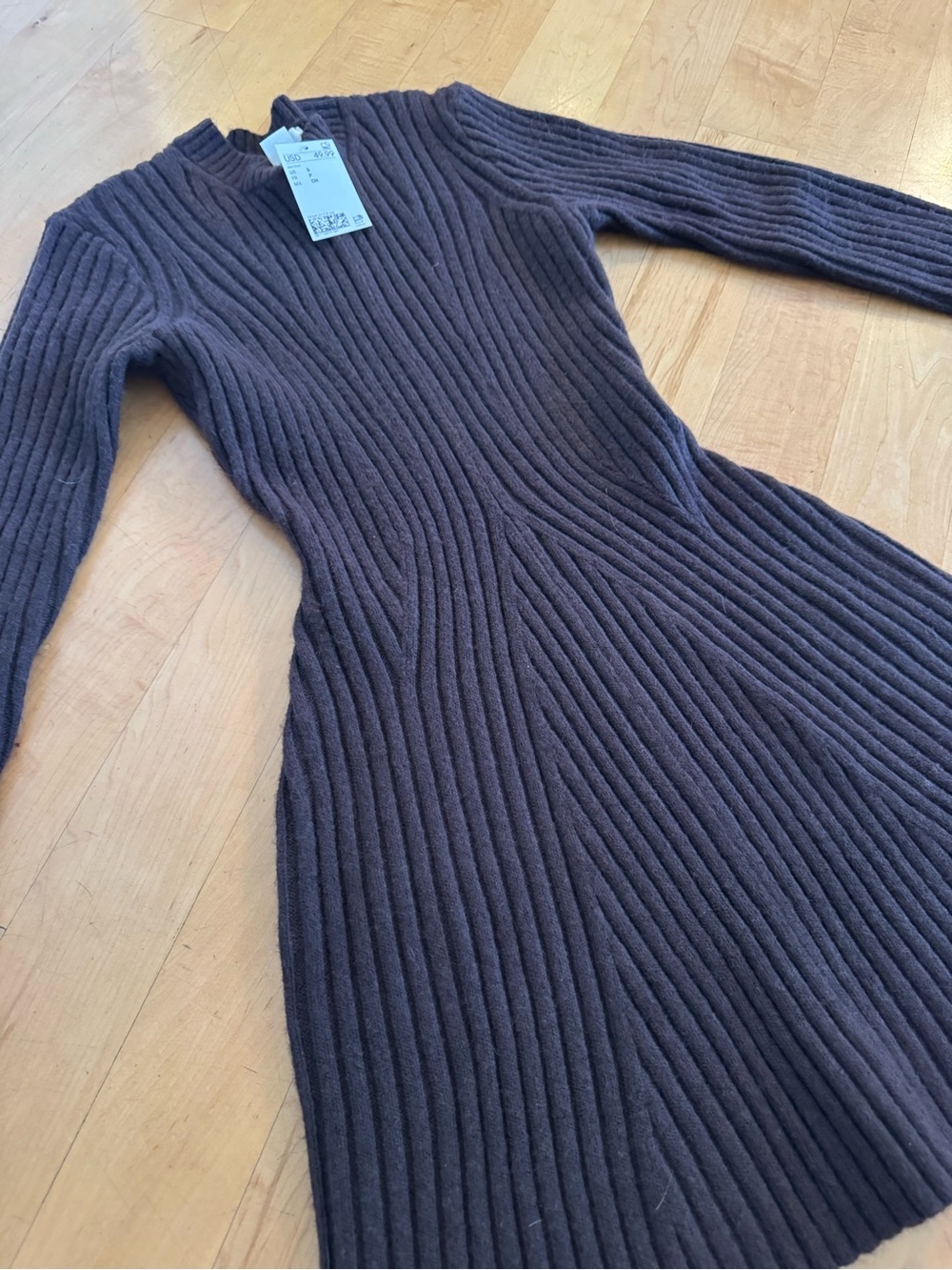 Ribbed Knit Long Sleeve Dress - Deep Brown